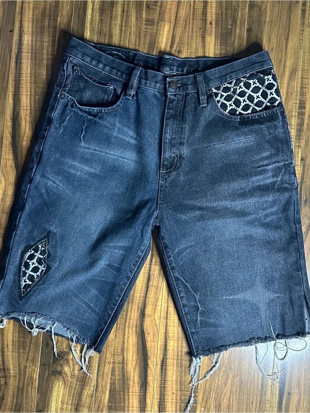 Men's Distressed Black Denim Shorts with Patch Detail